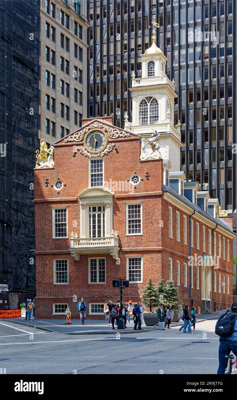 Old State House è l'ex sede del governo restaurata per la città di Boston, la contea di Suffolk e il Commonwealth del Massachusetts. Foto Stock
