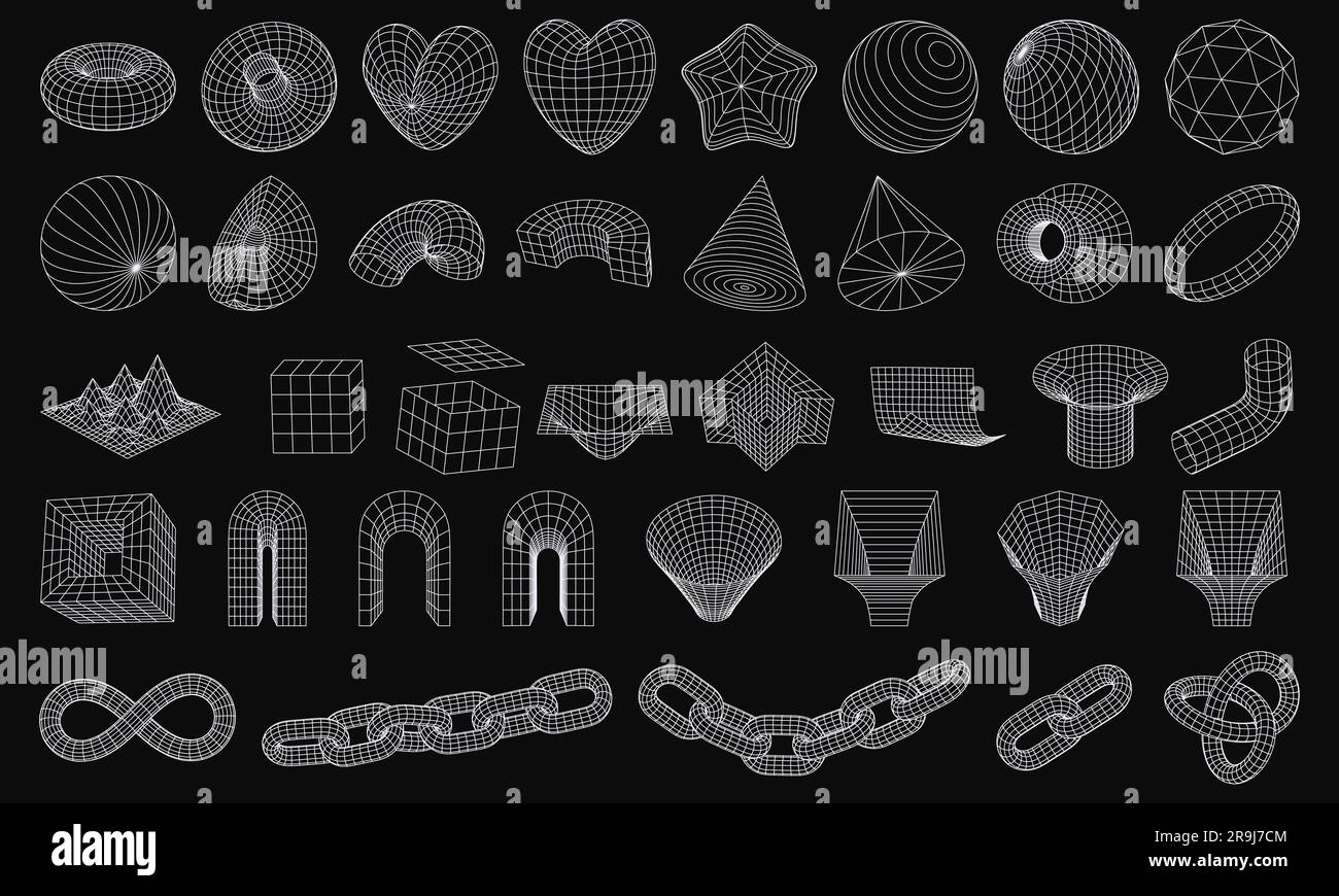 Set di forme geometriche 3D a reticolo. Figure astratte del telaio metallico. Griglie con mesh distorte. Catena, cono, simbolo infinito, arco, stella, sfera, nodo. Isolat Illustrazione Vettoriale