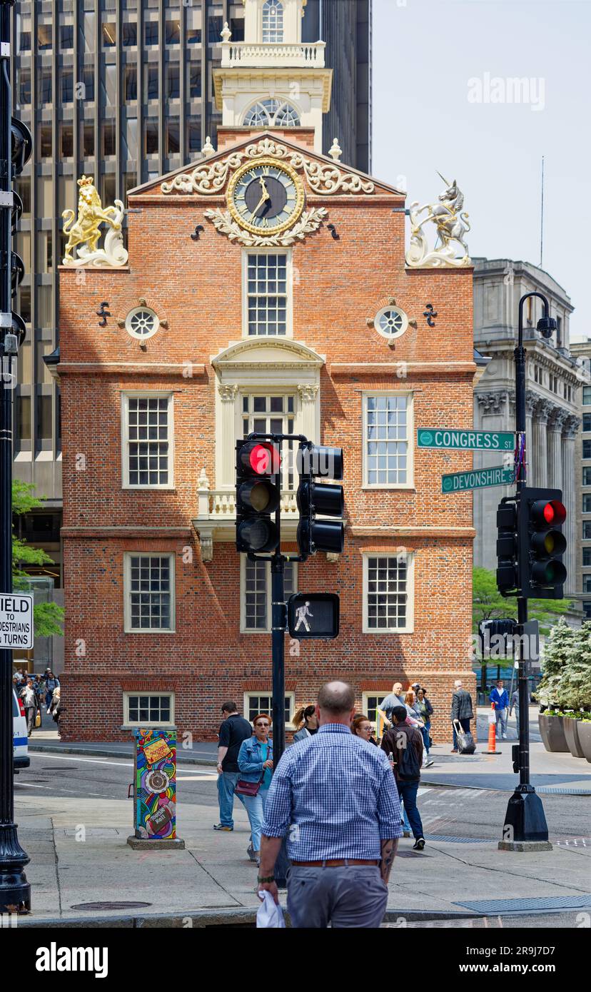 Old State House è l'ex sede del governo restaurata per la città di Boston, la contea di Suffolk e il Commonwealth del Massachusetts. Foto Stock