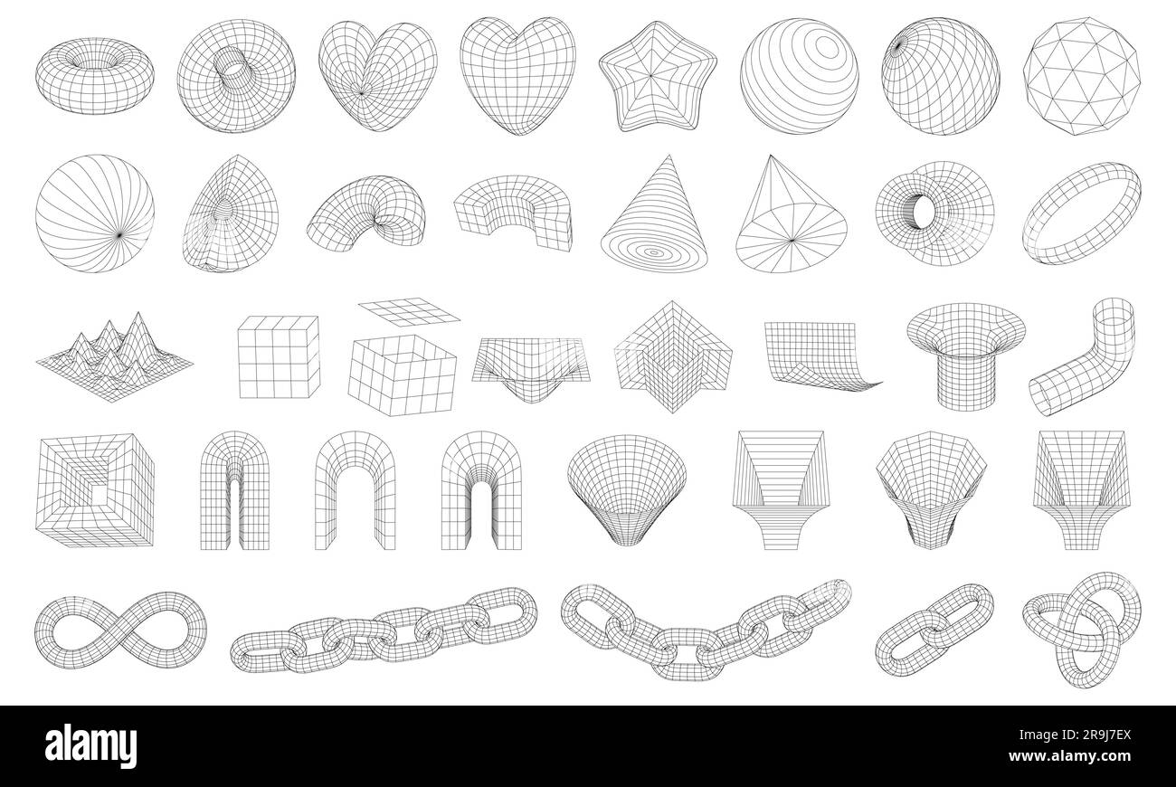 Set di forme geometriche 3D a reticolo. Figure astratte del telaio metallico. Griglie con mesh distorte. Catena, cono, simbolo infinito, arco, stella, sfera, nodo. Isolat Illustrazione Vettoriale