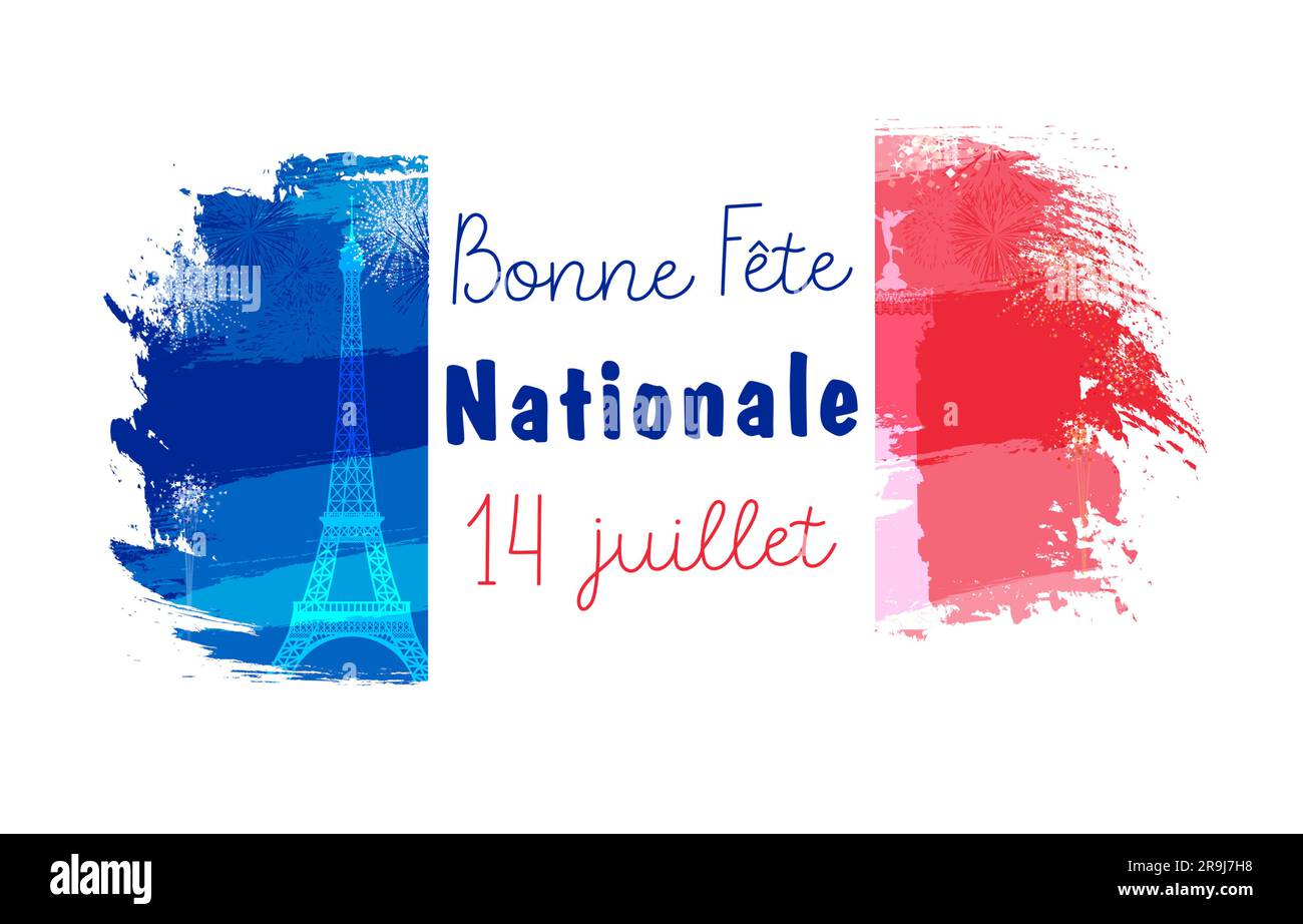 Logo della bandiera creativa con iscrizione francese Bonne Fete Nationale - Happy National Day, 14 luglio. Grafica T-shirt, elementi di design regalo con spazzolina Illustrazione Vettoriale