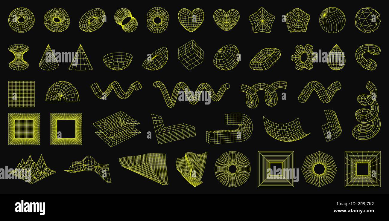 Set di forme geometriche 3D a reticolo. Figure astratte del telaio metallico. Torus, spirali, equipaggiamento, cuore, stella. Griglie con mesh distorte. Progettazione grafica isolata el Illustrazione Vettoriale