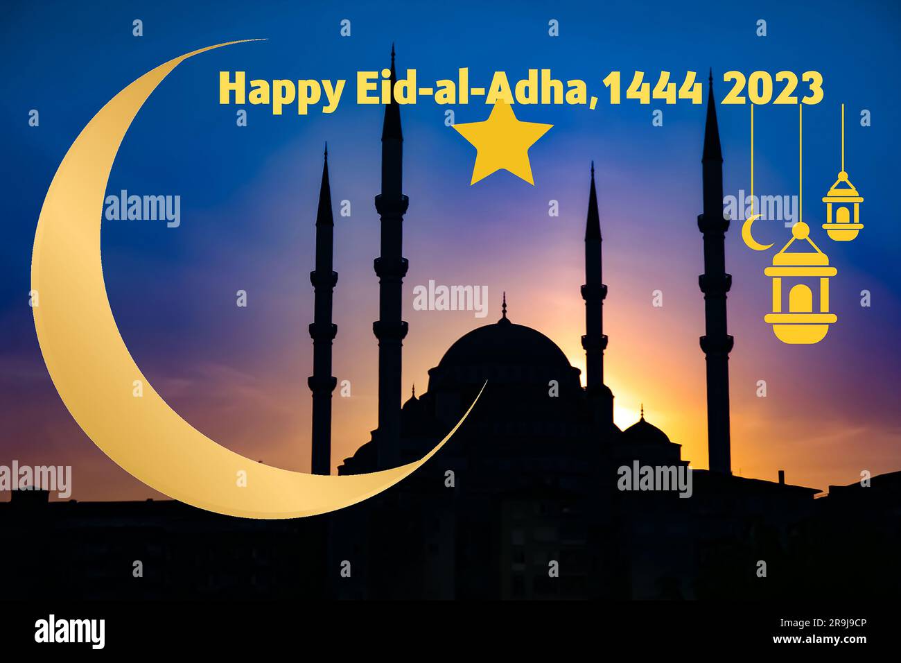 Tre giorni dopo, Eid-al-Adha, una delle feste più importanti dei musulmani. Ho preparato un templete per l'uso sui social media. Foto Stock