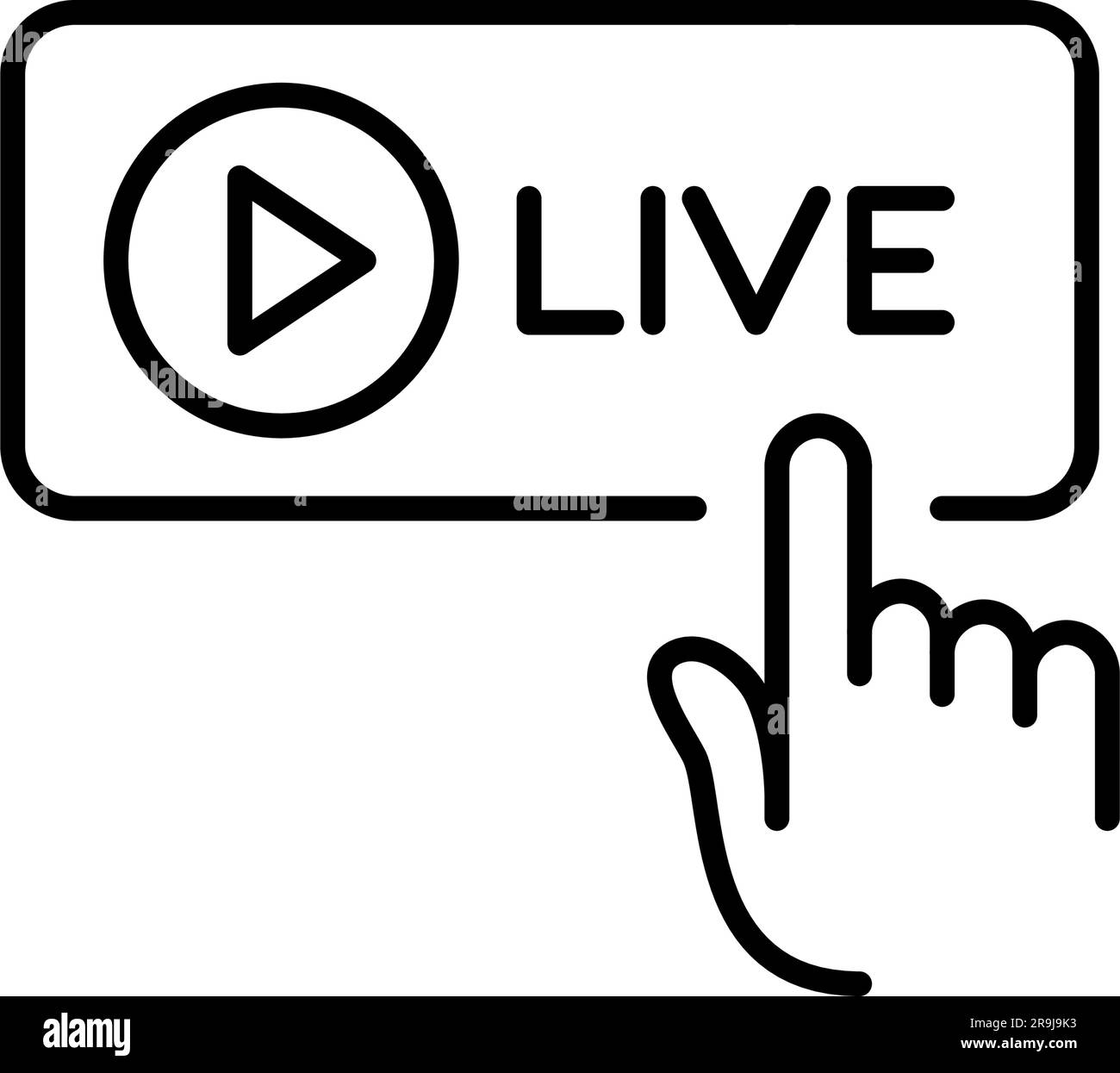 Fare clic con il dito sul pulsante Live con il simbolo di riproduzione. Avviare lo streaming, guardare la trasmissione TV, ecc. Simbolo Pixel Perfect Illustrazione Vettoriale