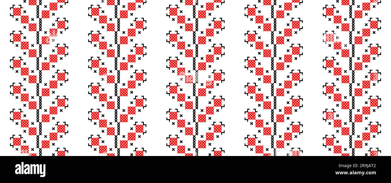 Modello vettoriale ucraino. Ricamo tradizionale ucraino di frutti di bosco. Motivo nei colori rosso e nero. Pixel art, vyshyvanka, bacche incrociate Illustrazione Vettoriale