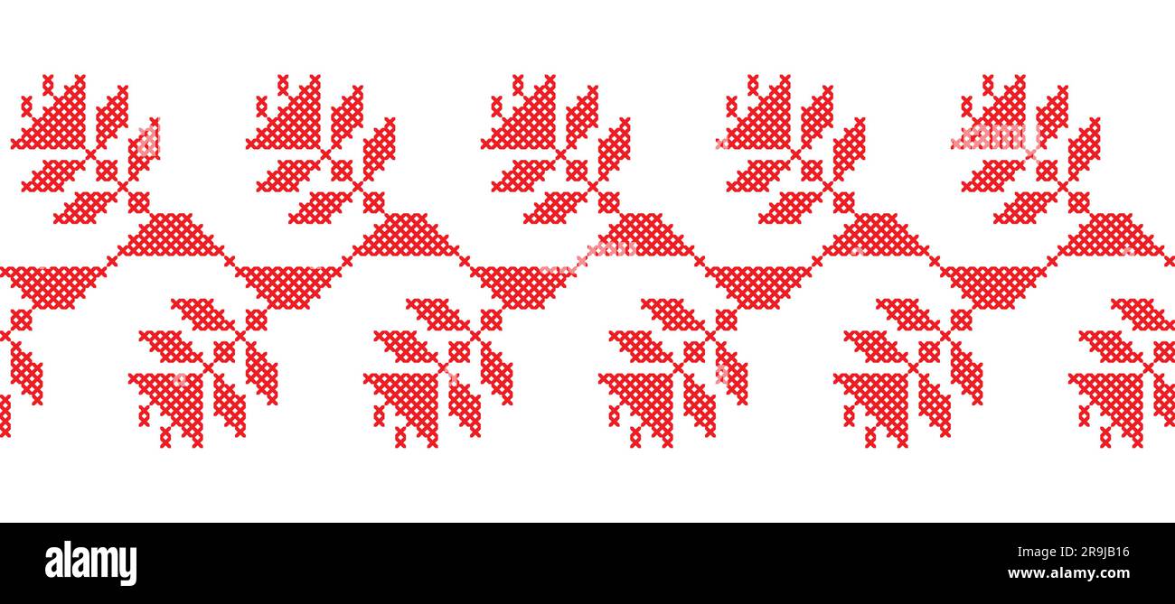 Ornamento vettoriale ondulato del luppolo ucraino, bordo senza cuciture. Folklore ucraino, ricami etnici geometrici. Ornamento di colore rosso. Pixel art, vyshyvanka, croce Illustrazione Vettoriale