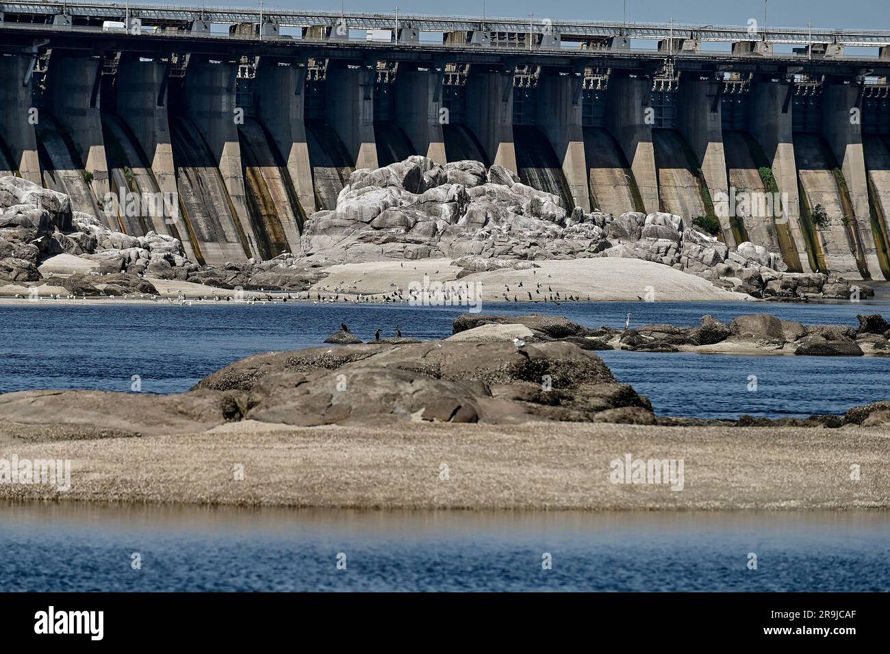 Non esclusiva: ZAPORIZZHIA, UCRAINA - 20 GIUGNO 2023 - Isole esposte a causa della distruzione della diga del Kakhovka HPP sul DN Foto Stock