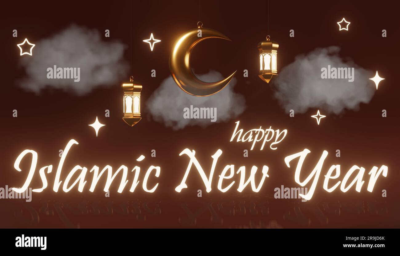 Capodanno islamico segno luminoso lanterne a mezzaluna dorate nuvole nuovo Hijri lunare anno festivo 3d rende Muharram Sacro mese di Allah pubblicità prodotto Foto Stock