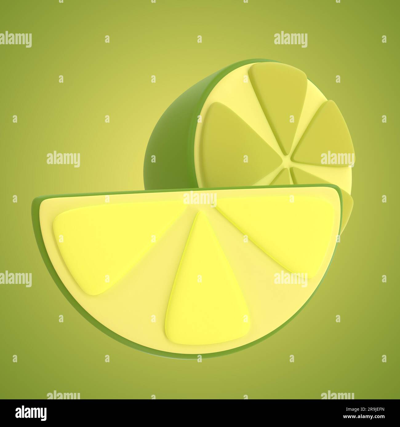 Pezzi di calce acida verde su sfondo verde. Illustrazione stilizzata. Rendering 3D. Foto Stock