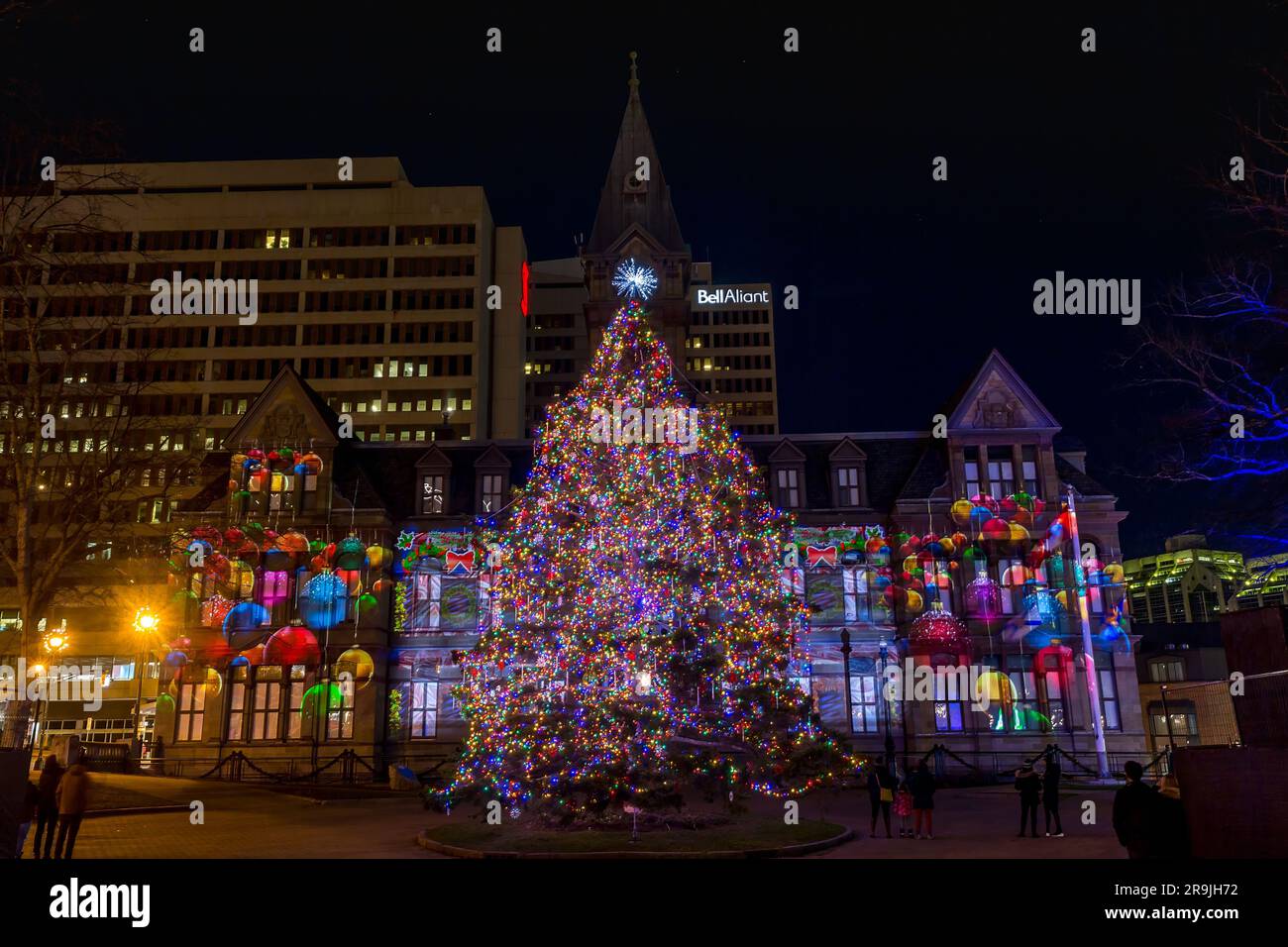 Halifax, nuova Scozia Canada, decorazioni natalizie del municipio, illuminazione e spettacolare esposizione di luci. Evergreen Light Festival Foto Stock