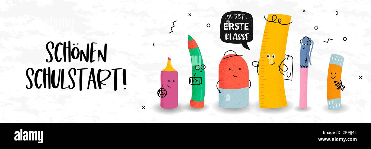 Simpatici personaggi disegnati a mano e testo in tedesco che dice "buon primo giorno di scuola - tu sei il numero uno" - ottimo per striscioni, inviti e pubblicità Illustrazione Vettoriale