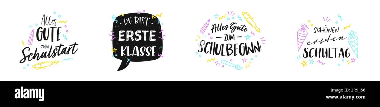Simpatica scrittura a mano in tedesco che dice "ritorno a scuola" "buon primo giorno di scuola" e simili - ottimo per striscioni, inviti, pubblicità Illustrazione Vettoriale
