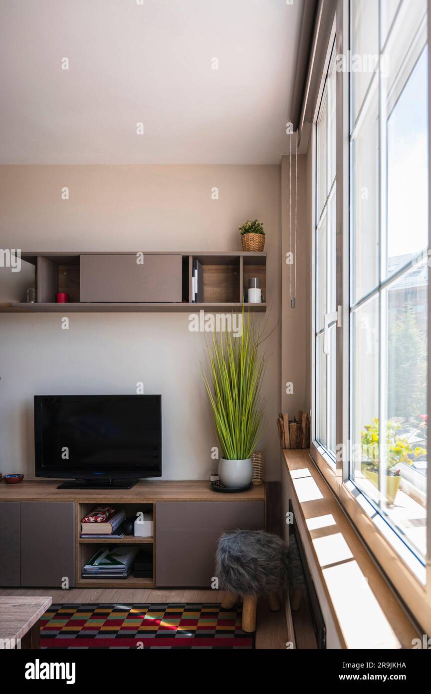 Design interno angolare di un soggiorno minimalista con una finestra di vetro per la luce del giorno e viste esterne, arredato con un tavolino da caffè, tappeto e TV in un Foto Stock