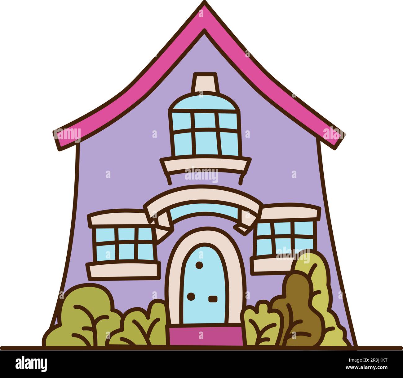 Piccola casa di villaggio viola. Illustrazione vettoriale dell'esterno grazioso dell'edificio. Casa dei cartoni animati con finestre e porte. Quartiere, città, concetto urbano. Illustrazione Vettoriale