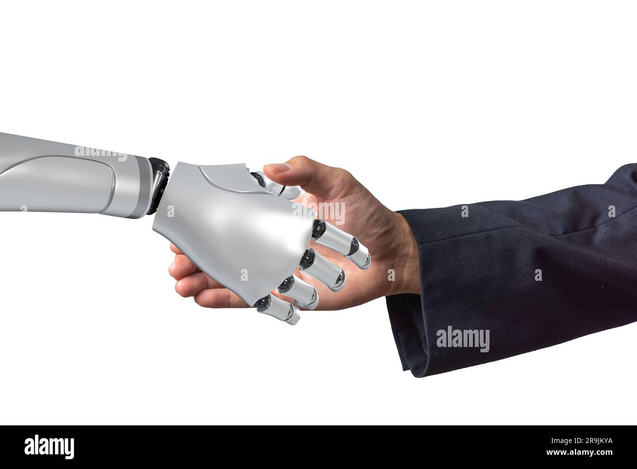Robot handshake uomo d'affari su sfondo bianco. Intelligenza artificiale innovazione ai tecnologia moderna futuristica. Foto Stock