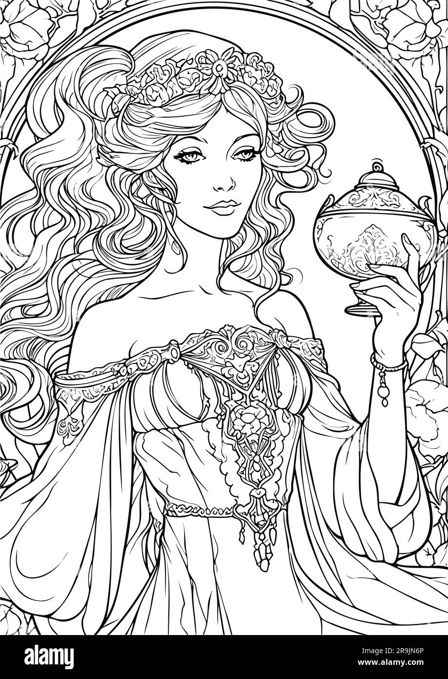 Enchanted Realm, Princess Coloring Book Pages Illustrazione Vettoriale