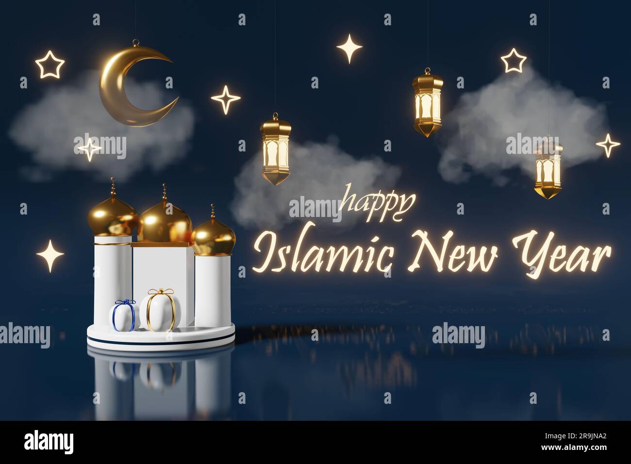 Capodanno islamico luce brillante Golden Crescent Lanter Mosque regali nuvola nuovo calendario lunare Hijri anno festivo 3d rendering. Muharram Sacro mese di Foto Stock