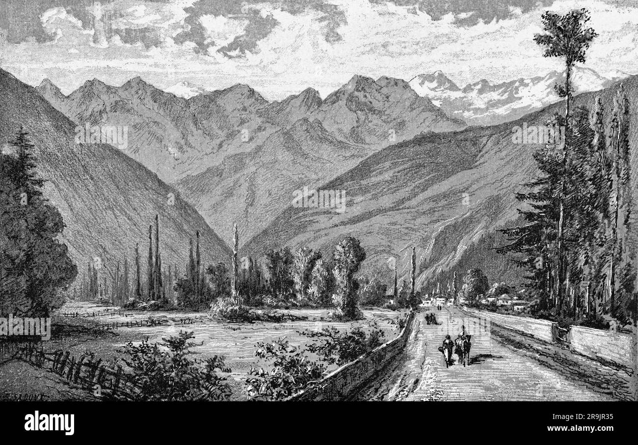 Un'illustrazione della fine del XIX secolo della popolazione locale sulla strada che attraversa la Vallee A Antignac, nel dipartimento dell'alta Garonna, nel sud-ovest della Francia. Foto Stock