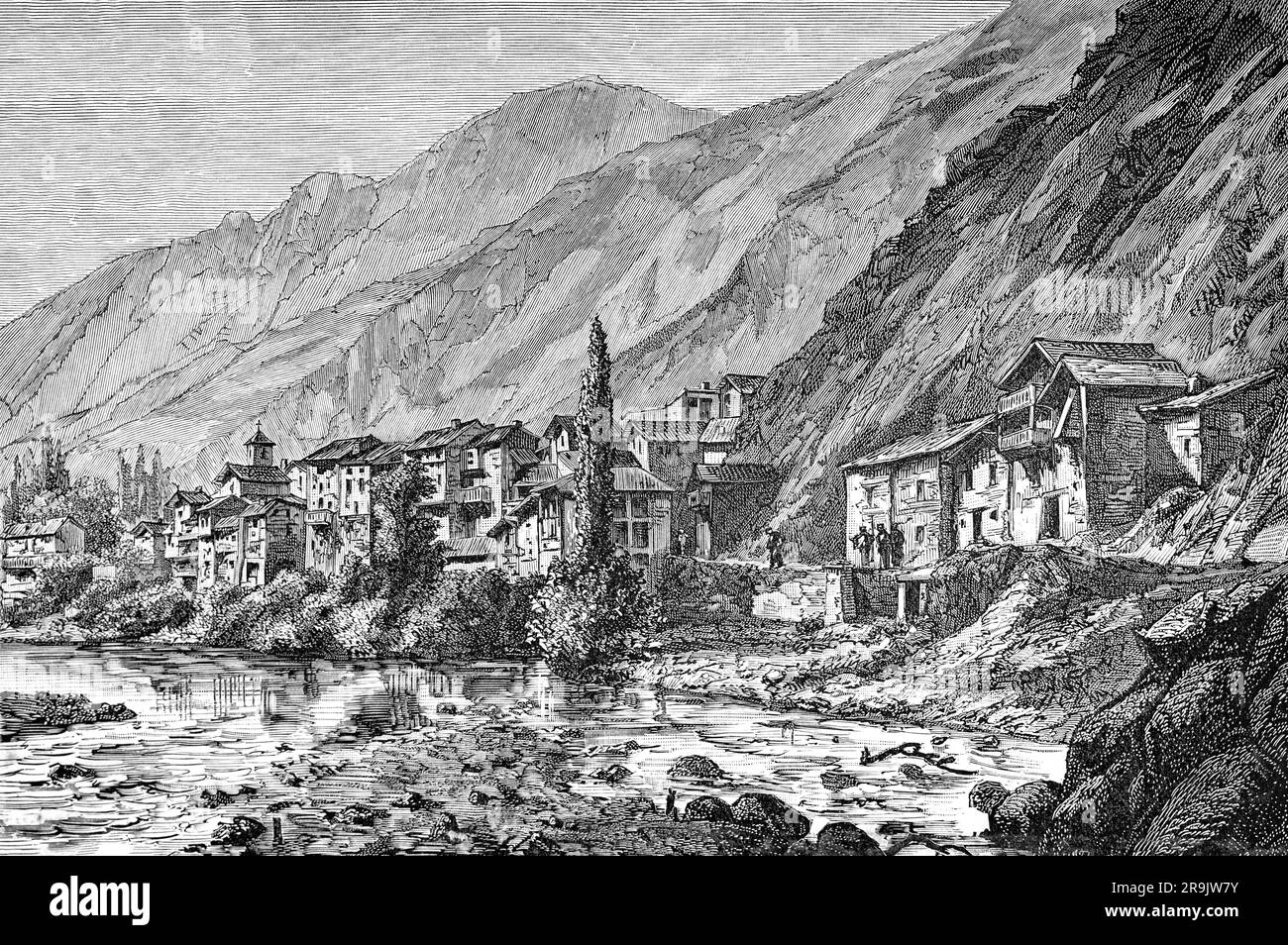 Un'illustrazione della fine del XIX secolo di Sant Julià de Lòria, è una delle parrocchie di Andorra, nell'estremo sud del paese. È anche il nome della città principale della parrocchia, che a 908 m è l'insediamento più basso di Andorra. Foto Stock