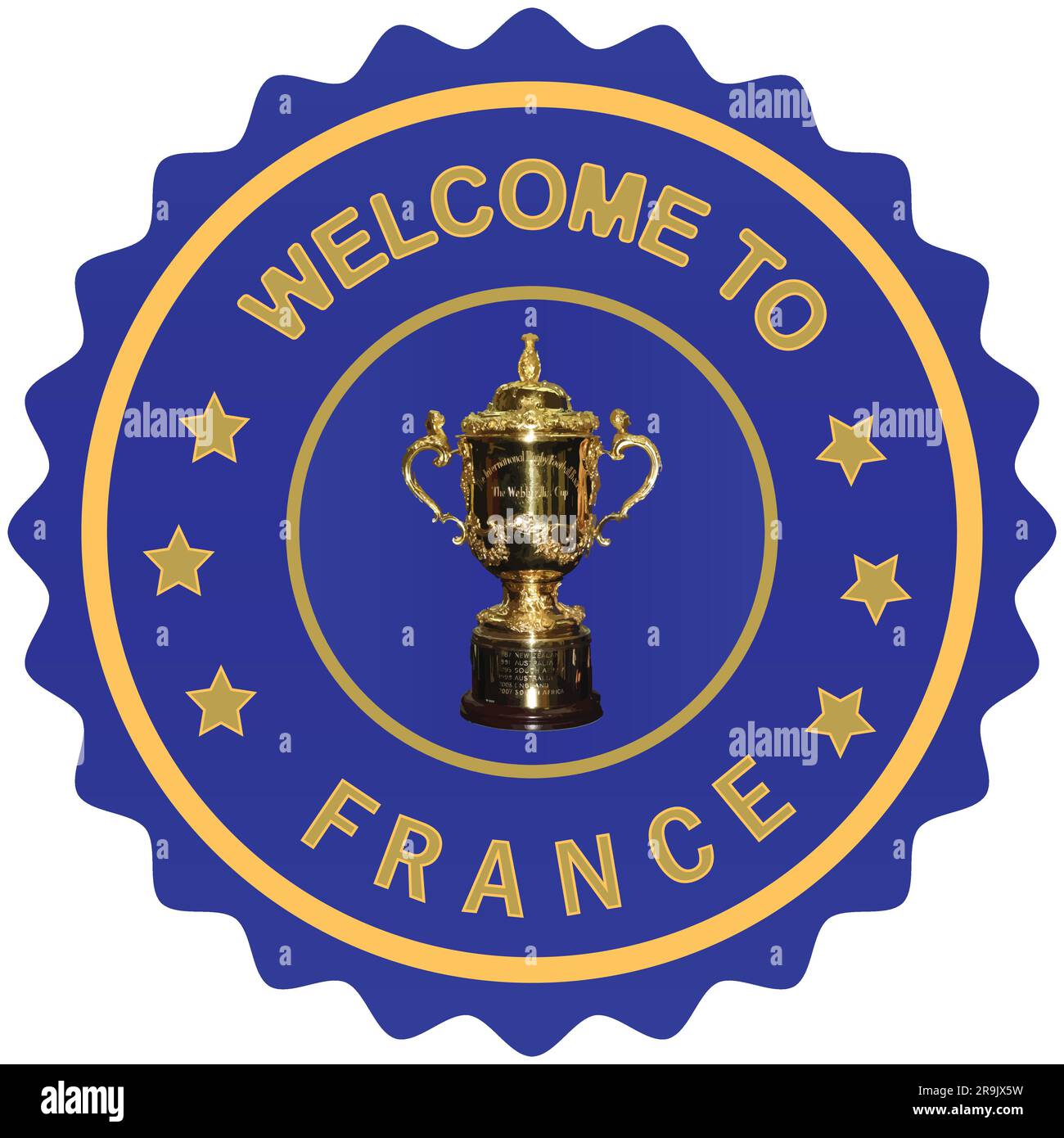 Benvenuto nel design francese illustrazione vettoriale e Trofeo della Coppa del mondo di rugby con colori a tema Coppa del mondo di rugby sfondo timbro di benvenuto sigillo oro Francia Illustrazione Vettoriale