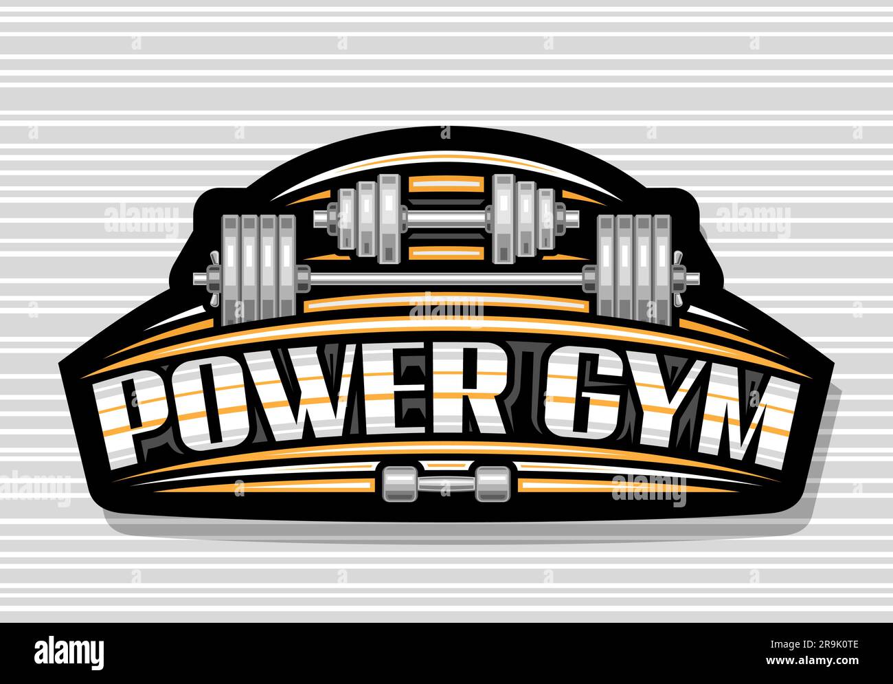 Logo Vector per Power Gym, cartellone decorativo scuro con illustrazione di diversi manubri e campana per la palestra sportiva, scritte esclusive a pennello Illustrazione Vettoriale
