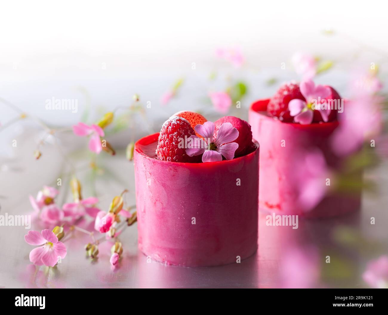 Mousse di lampone con frutti di bosco freschi e maccheroni Foto Stock