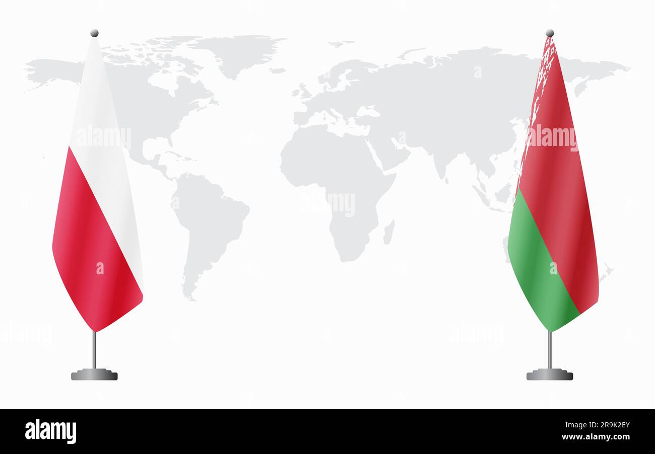 Bandiere polacche e bielorusse per incontri ufficiali sullo sfondo della mappa mondiale. Illustrazione Vettoriale