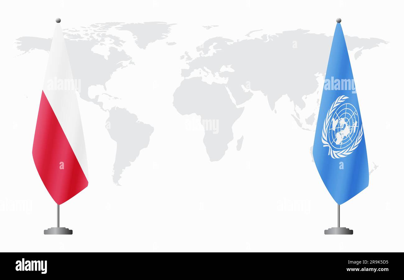 La Polonia e le Nazioni Unite bandiere per un incontro ufficiale sullo sfondo della mappa mondiale. Illustrazione Vettoriale