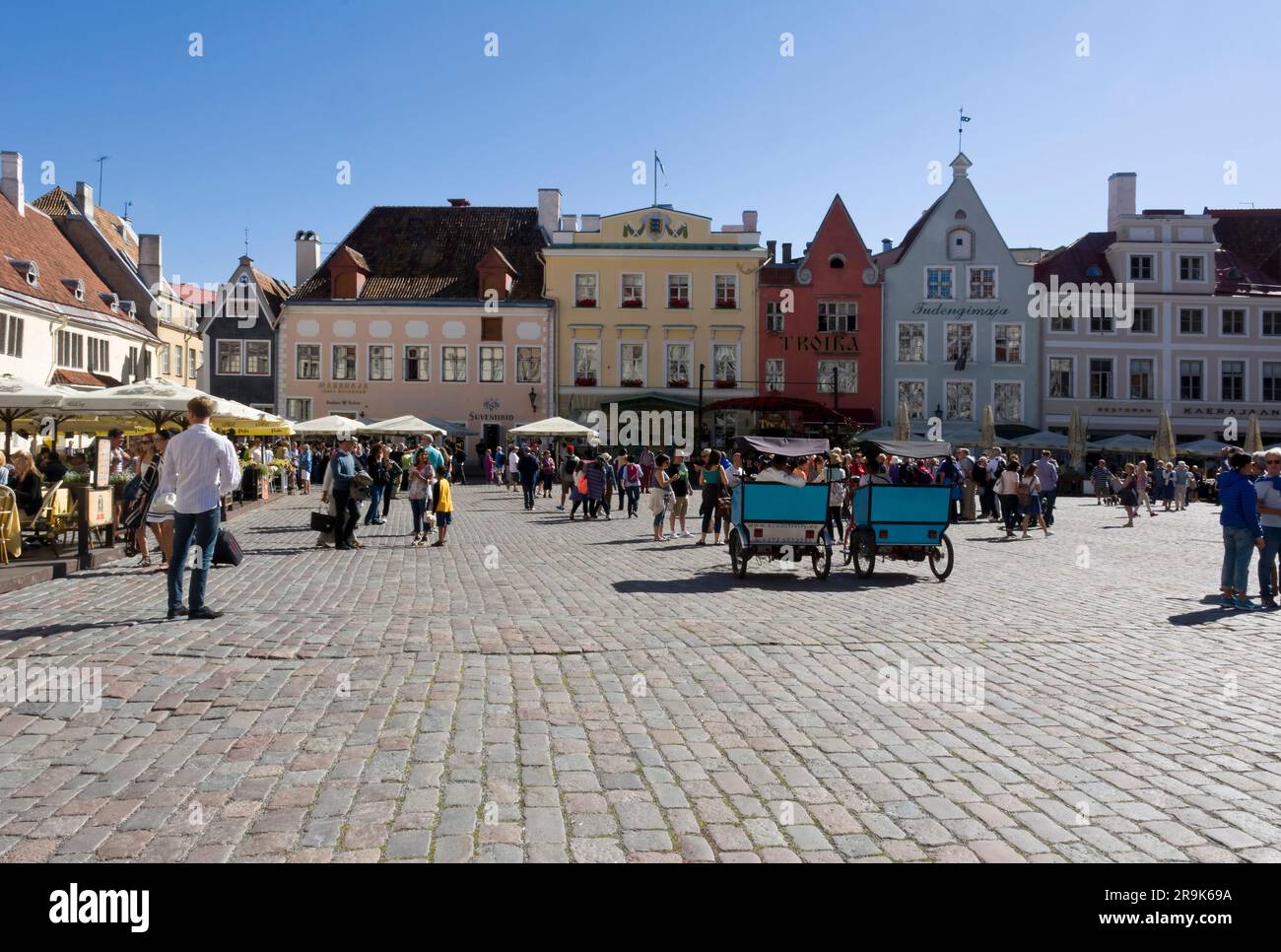 La famosa Piazza del Municipio con ciottoli, piazza del mercato e turisti a Tallinn, la capitale dell'Estonia Foto Stock