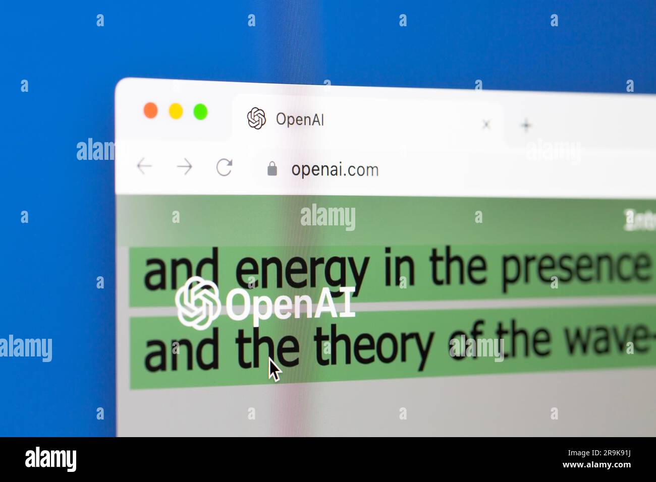Ostersund, Svezia - 7 febbraio 2023: Sito web OpenAI su schermo di un computer. OpenAI è un laboratorio di ricerca americano di intelligenza artificiale (ai). Foto Stock