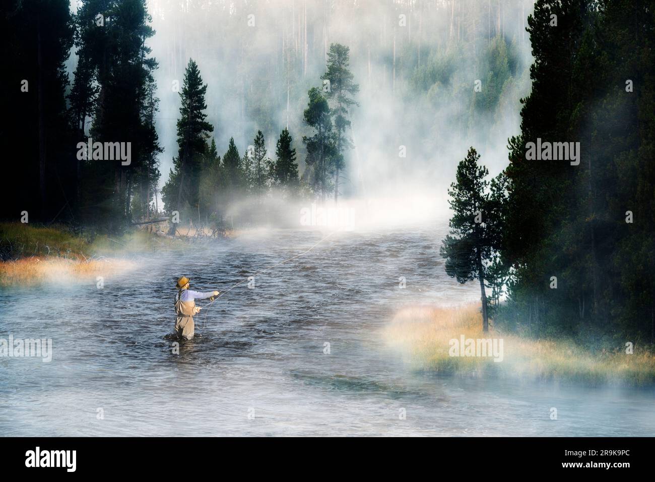 Pesca con la mosca sul fiume Madison nella nebbia. Parco nazionale di Yellowstone, Wyoming (illustrazione fotografica) Fisherman aggiunto da una foto scattata appena a valle f Foto Stock
