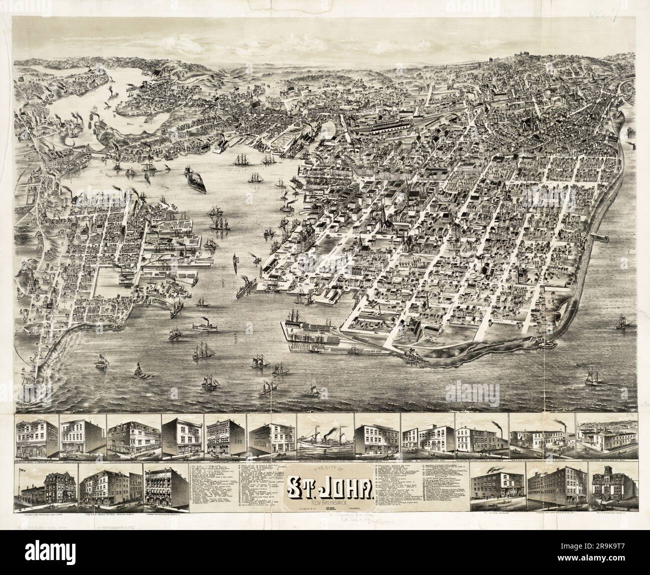 Vista dall'alto mappa panoramica della città di Saint John, New Brunswick, Canada CA. 1882. Gli inset mostrano edifici e siti di interesse. Foto Stock