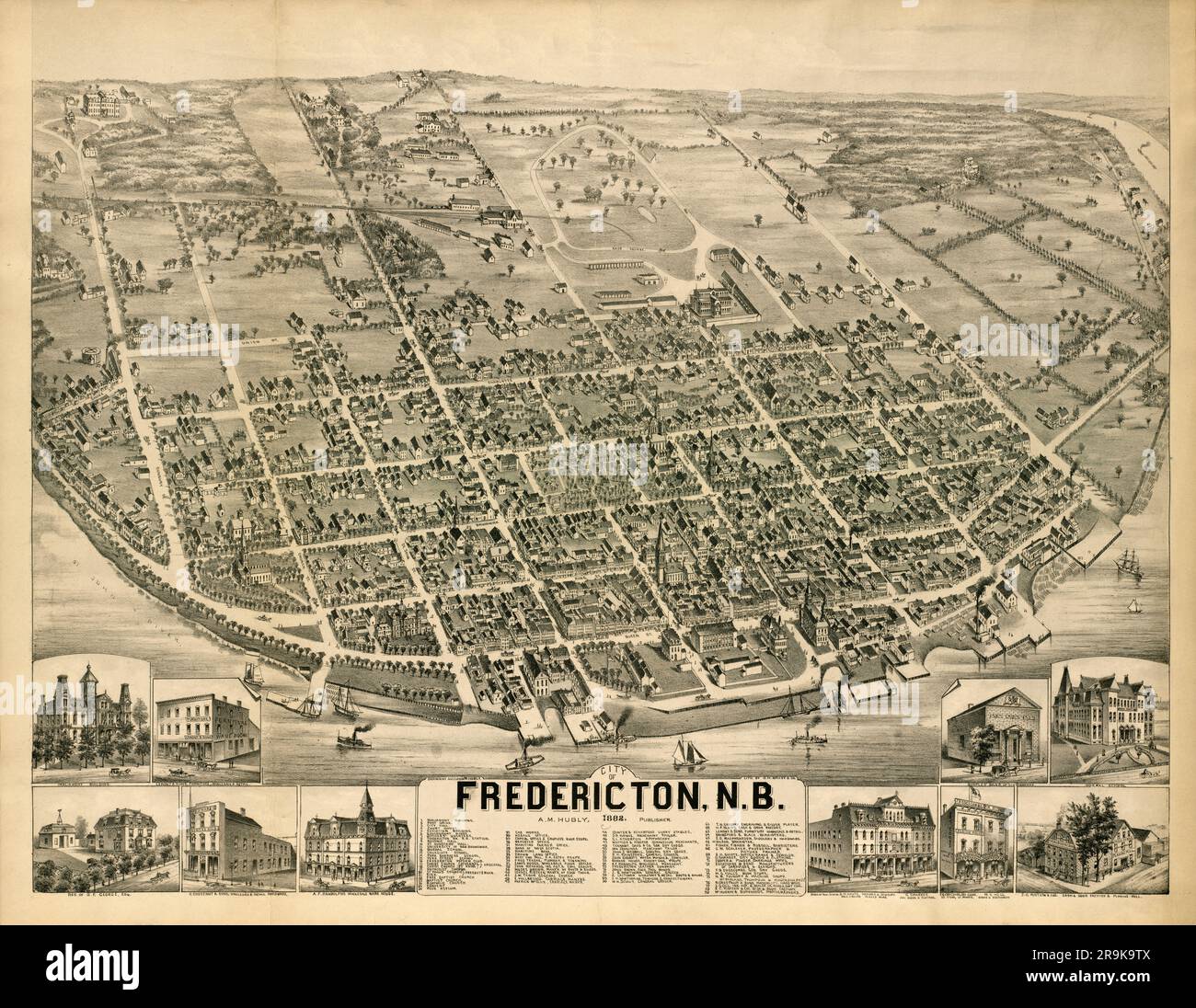 Vista panoramica panoramica della città di Fredericton, New Brunswick, Canada, CA. 1882. Gli inset mostrano edifici e siti di interesse. Foto Stock