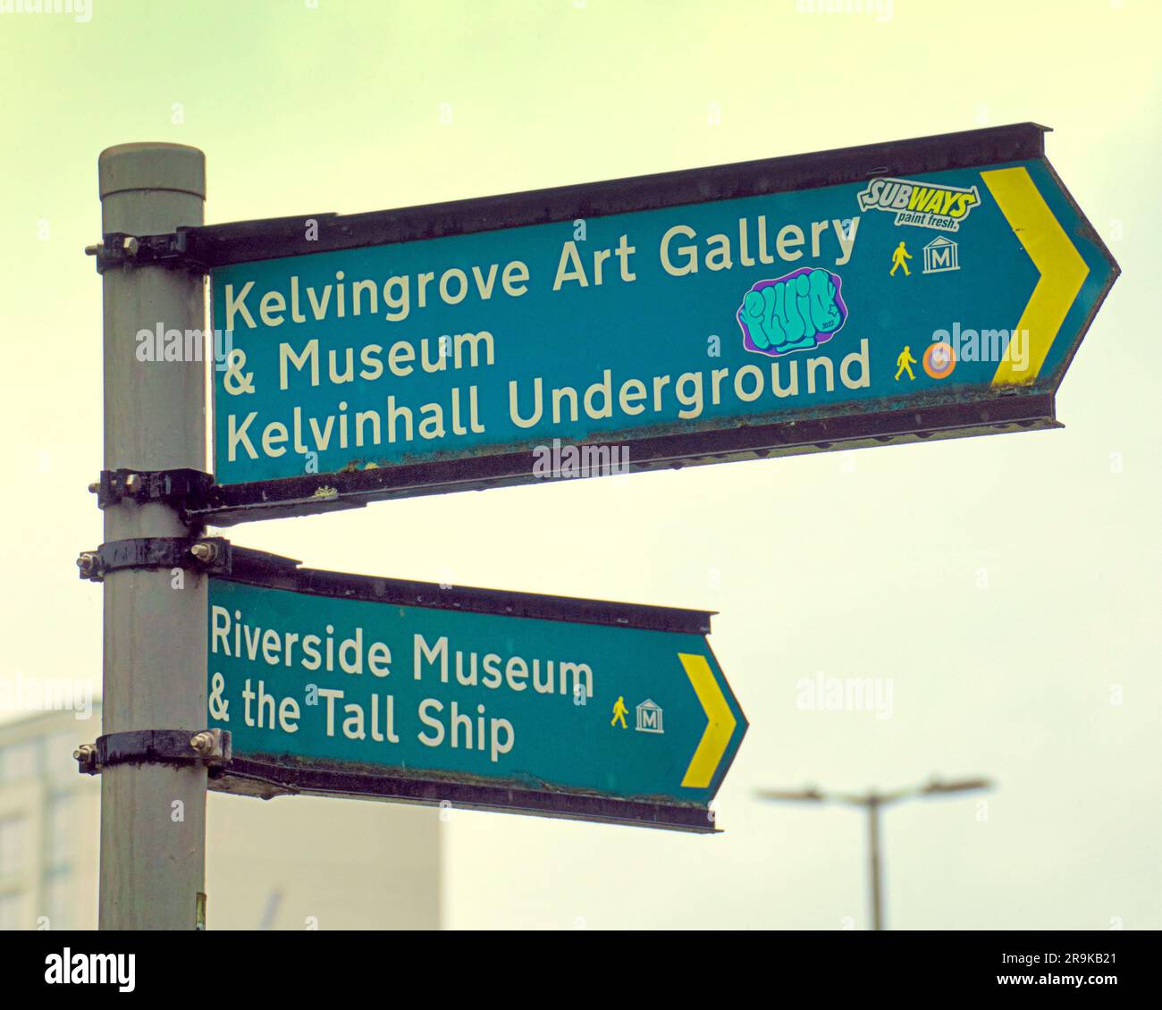 insegna riverside riverside museum e galleria d'arte kelvingrove e museo sotterraneo kelvingrove Foto Stock