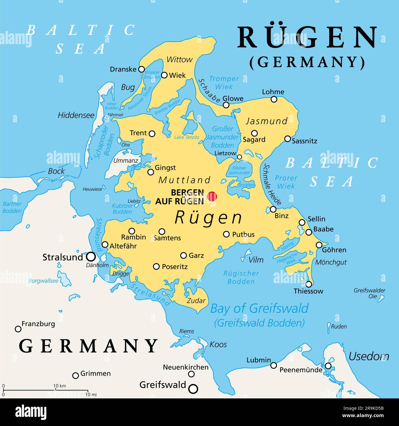 Ruegen o Rugia, la più grande isola della Germania, mappa politica. Situato al largo della costa della Pomerania nel Mar Baltico, separato dal suono di Strelasund. Foto Stock