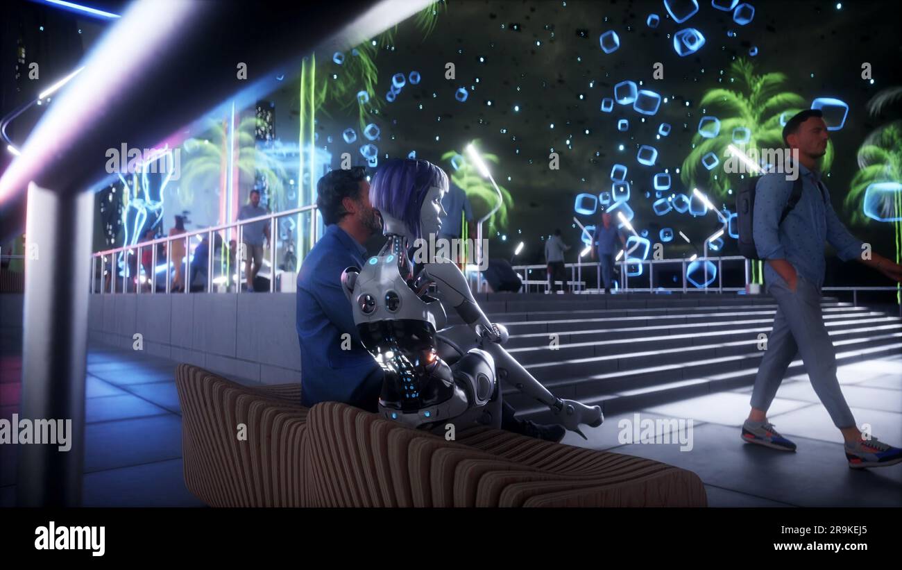 Futuristica città notturna con popoli e robot 3D. Concetto futuro. rendering 3d. Foto Stock