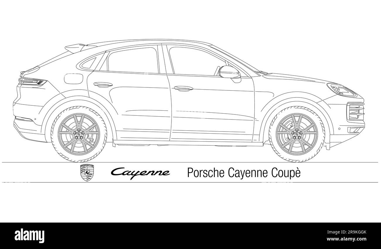 Germania, anno 2010, Porsche Cayenne modello SUV coupé, silhouette delineata, illustrazione vettoriale Foto Stock