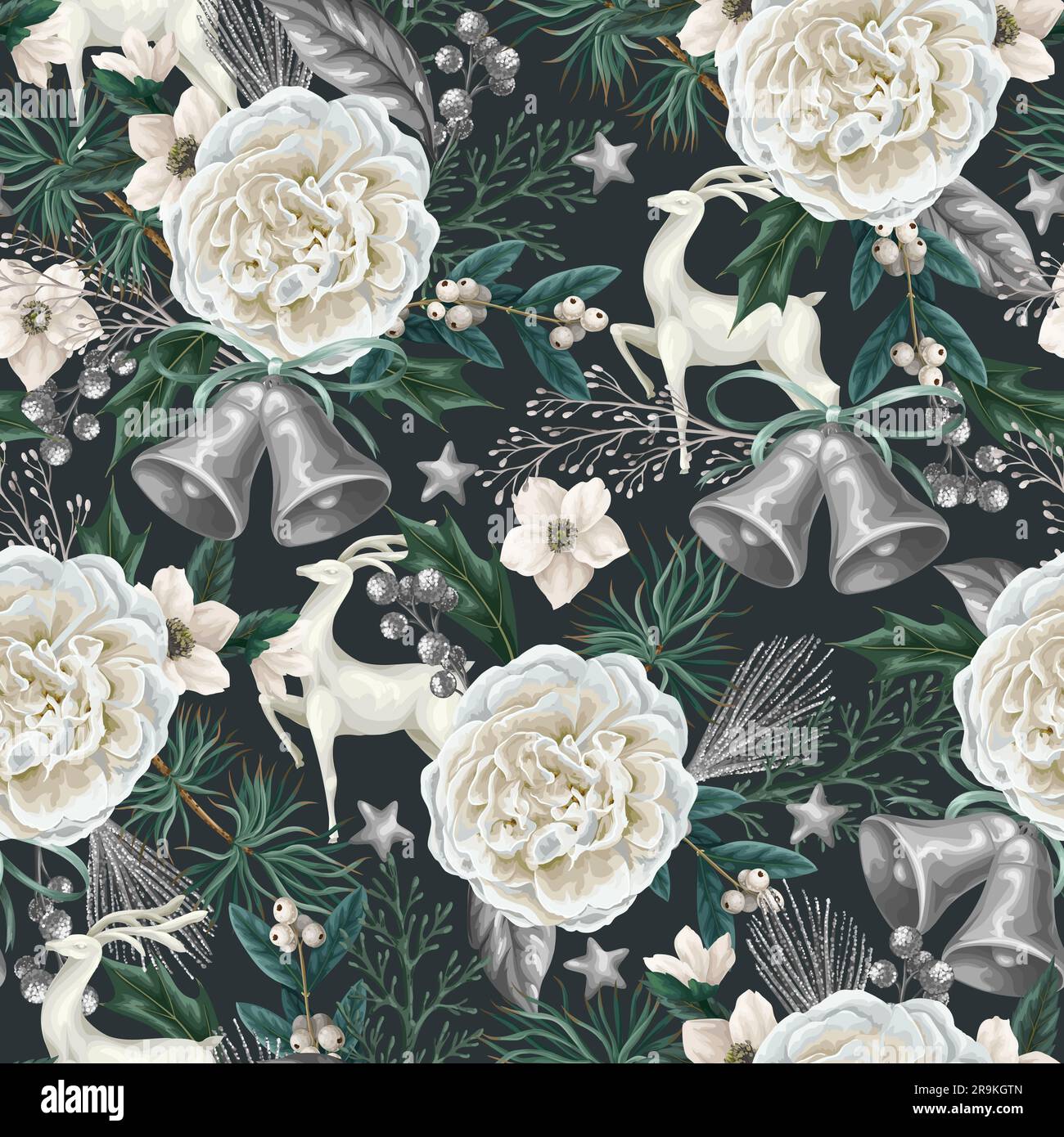 Motivo natalizio senza cuciture con cervi e fiori bianchi. Vettore. Illustrazione Vettoriale