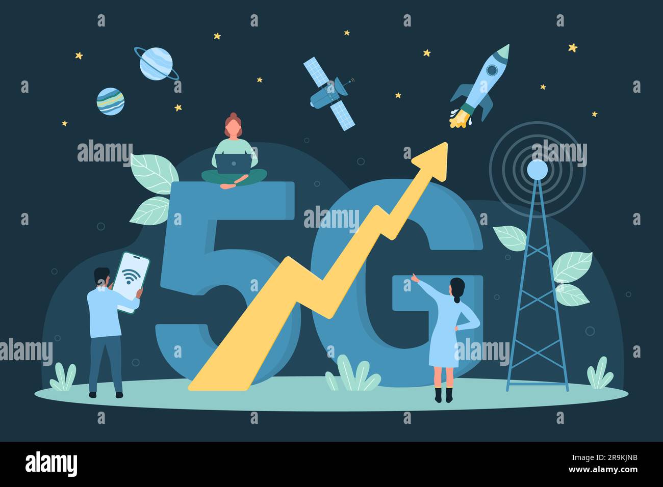Cartoni animati persone piccole che utilizzano dispositivi mobili e laptop per la connessione wireless a banda larga all'antenna della città vicino alla parola 5G. Internet ad alta velocità, tecnologia di rete e comunicazione dark concept Illustrazione Vettoriale
