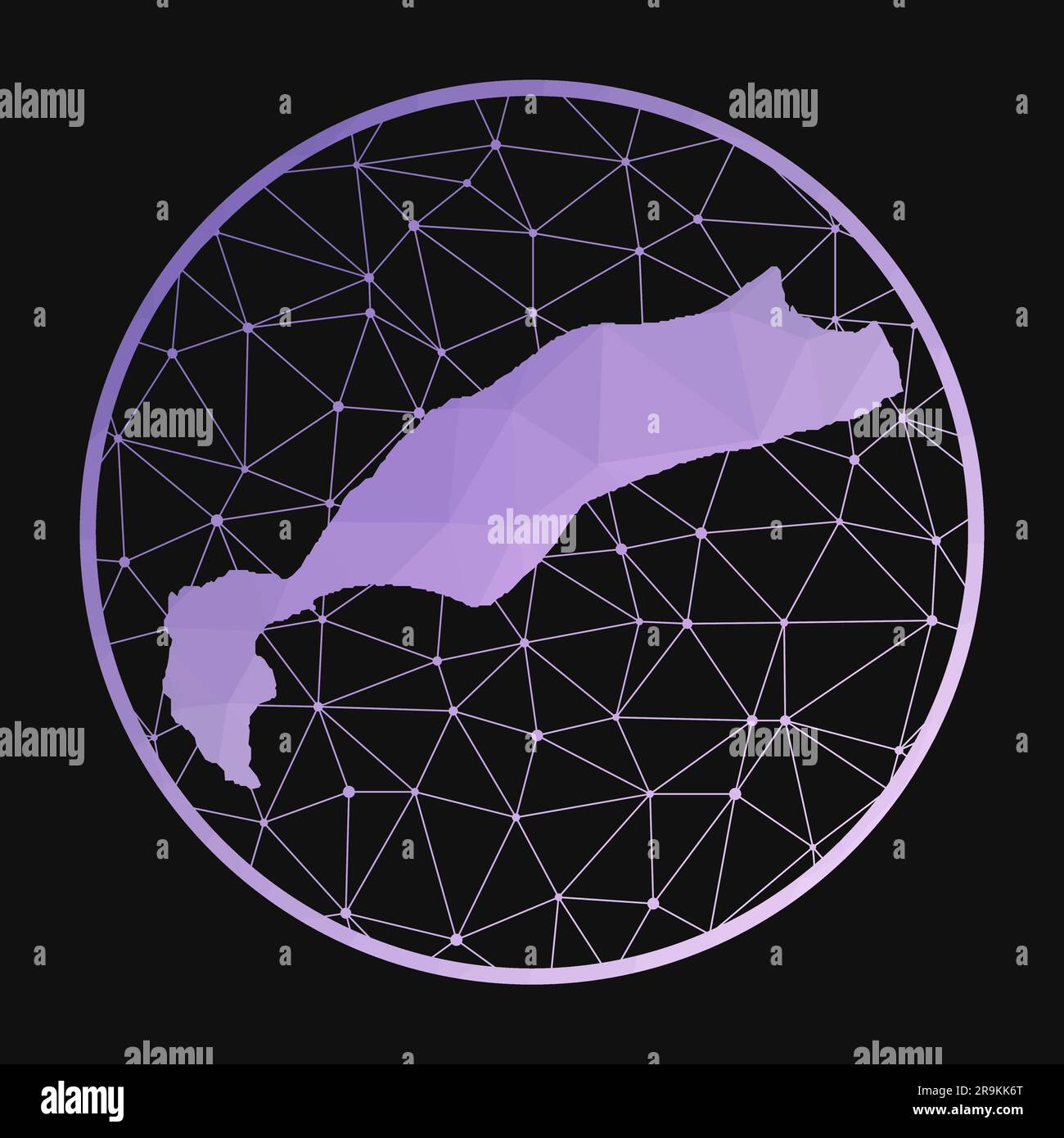 Icona KOS. Mappa poligonale vettoriale dell'isola. Icona KOS in stile geometrico. La mappa dell'isola con un basso gradiente di poly viola su sfondo scuro. Illustrazione Vettoriale