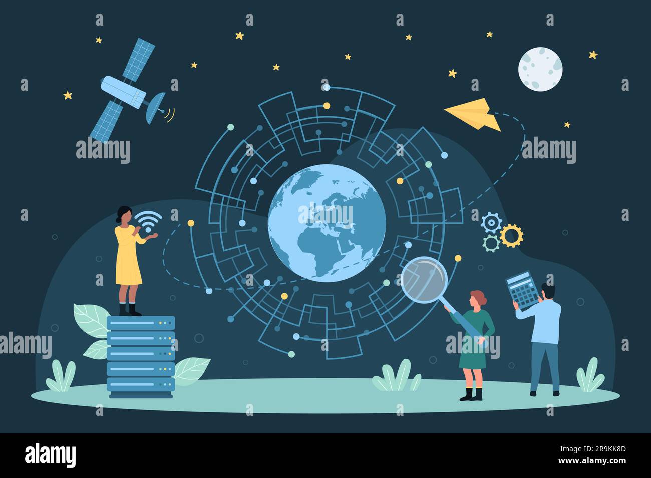 Cartoni animati persone minuscole testano la velocità del segnale con una lente di ingrandimento, tenendo in mano un segnale wireless, un circuito circolare e un globo terrestre all'interno. Connessione Internet veloce, illustrazione vettoriale della tecnologia di comunicazione Illustrazione Vettoriale