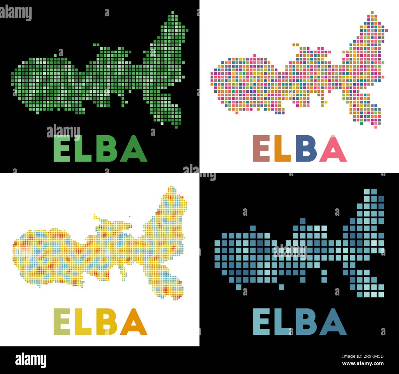 Mappa dell'Elba. Raccolta di mappe dell'Elba in stile punteggiato. Bordi dell'isola pieni di rettangoli per il tuo progetto. Illustrazione vettoriale. Illustrazione Vettoriale