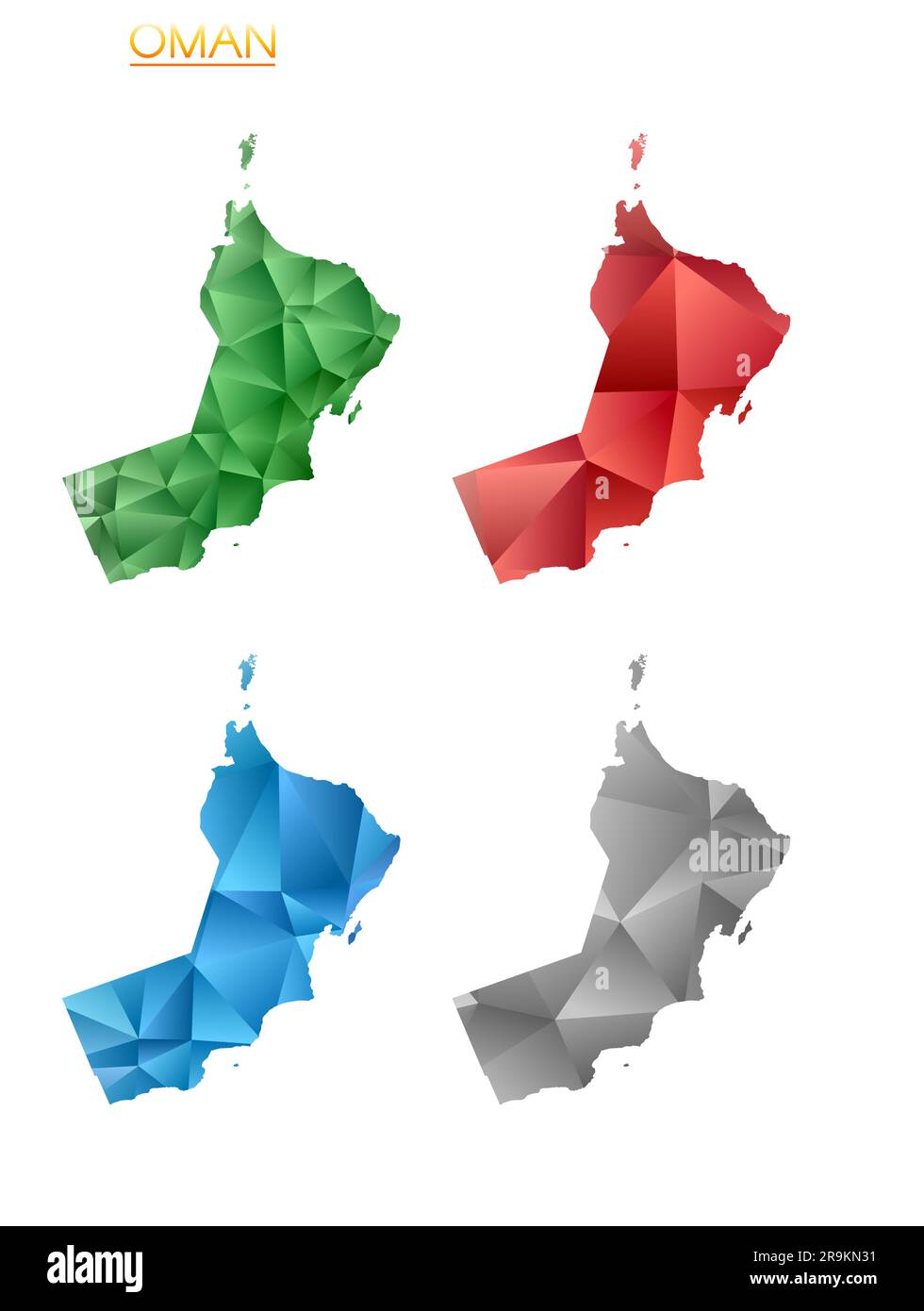 Set di mappe poligonali vettoriali dell'Oman. Mappa del paese con gradiente luminoso in basso stile polietilene. Illustrazione Vettoriale