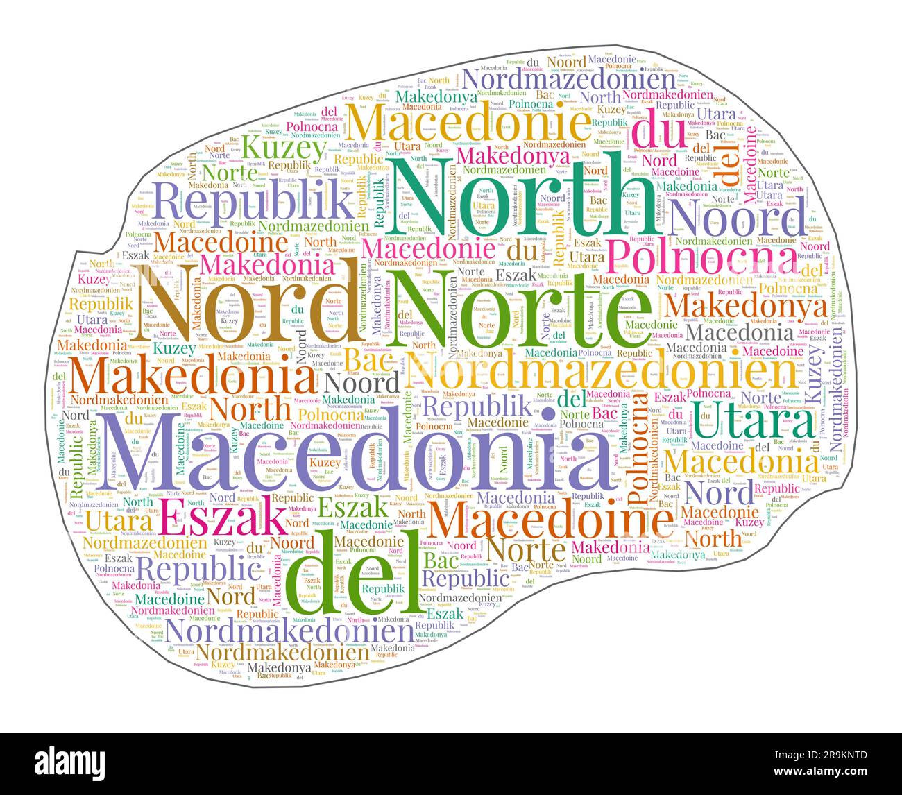 Forma della Macedonia riempita con il nome del paese in molte lingue. Mappa della Macedonia in stile nuvola di parole. Bella illustrazione vettoriale. Illustrazione Vettoriale