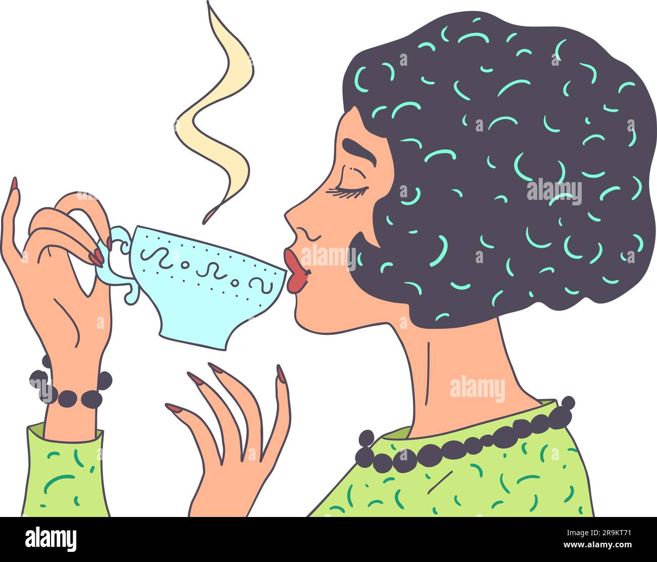 Ristorante o sala da tè intima e tranquilla. Drink deliziosi presso l'hotel. Una ragazza carina beve tè da una tazza. Illustrazione Vettoriale