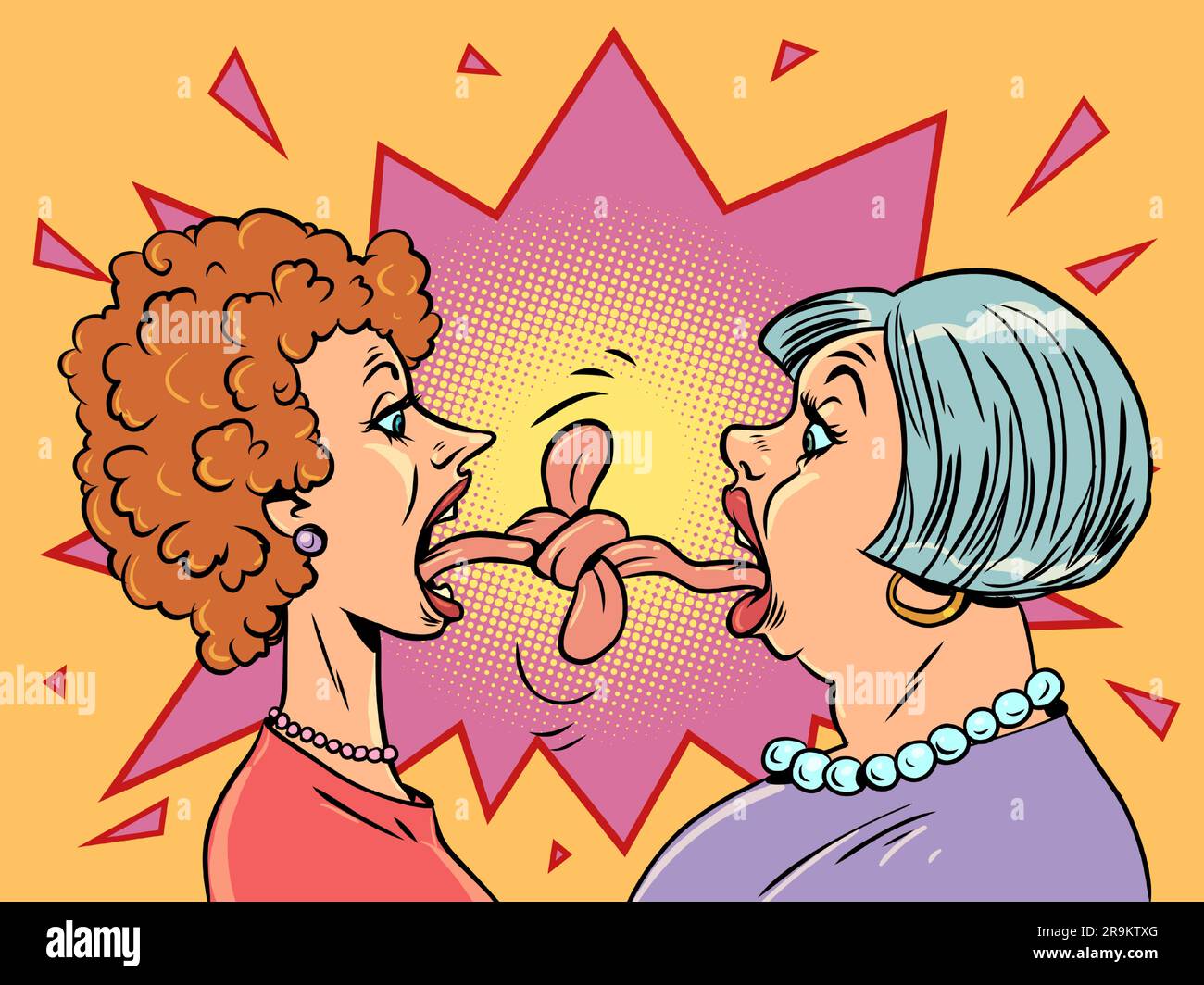 A volte la lingua fa più male di un coltello. Discutere tra le persone non porta a niente di buono. Due donne anziane si trovano l'una di fronte all'altra Illustrazione Vettoriale