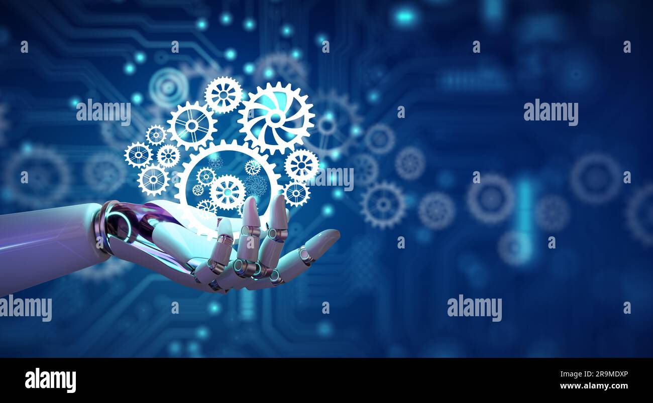 Mano del robot ai che tiene le ruote dentate. Sfondo punto di convergenza circuito. Idea aziendale con intelligenza artificiale, lavoro di squadra, strategia di pianificazione. Foto Stock