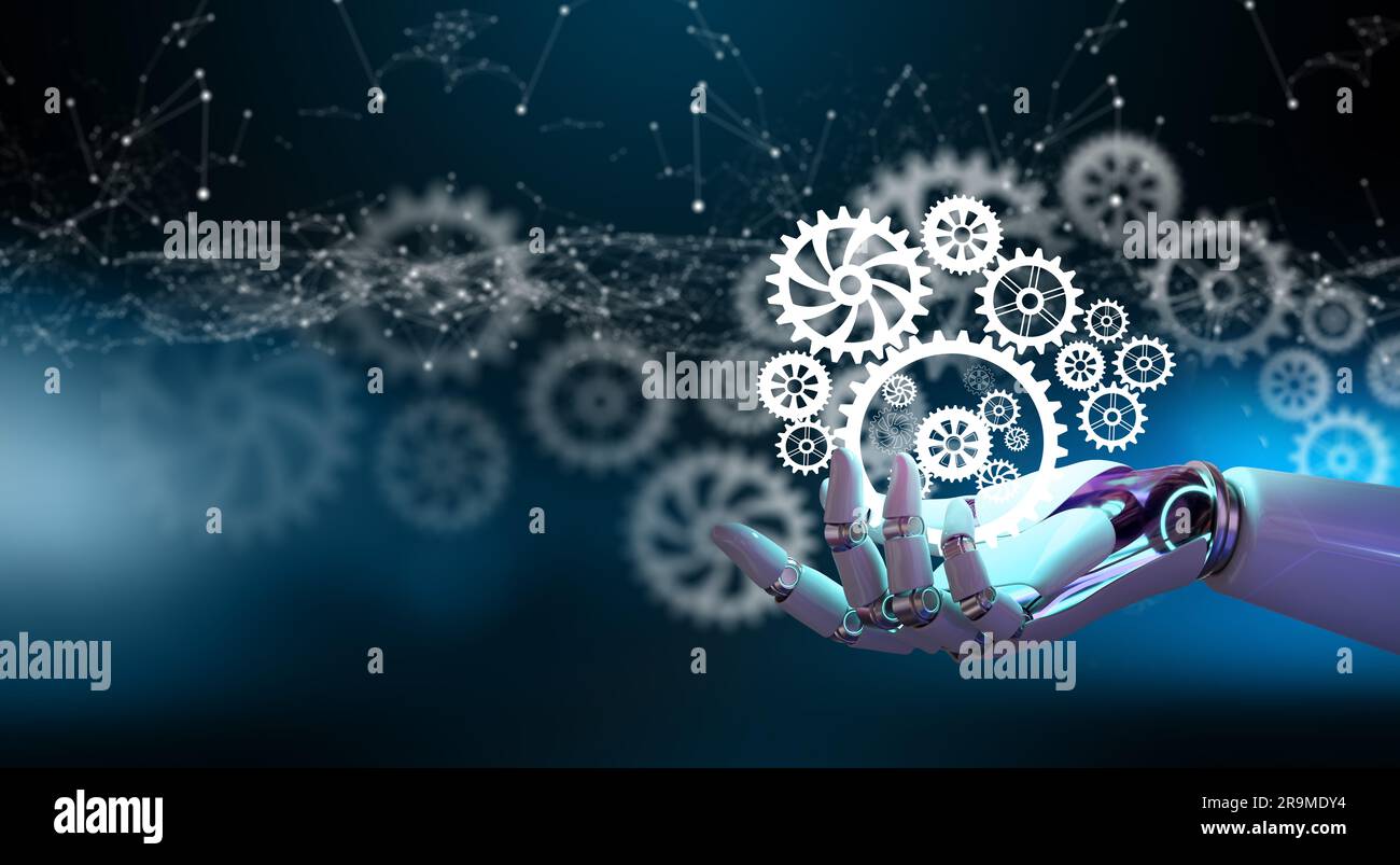 Mano del robot ai che tiene le ruote dentate. Sfondo punto di convergenza circuito. Idea aziendale con intelligenza artificiale, lavoro di squadra, strategia di pianificazione. Foto Stock