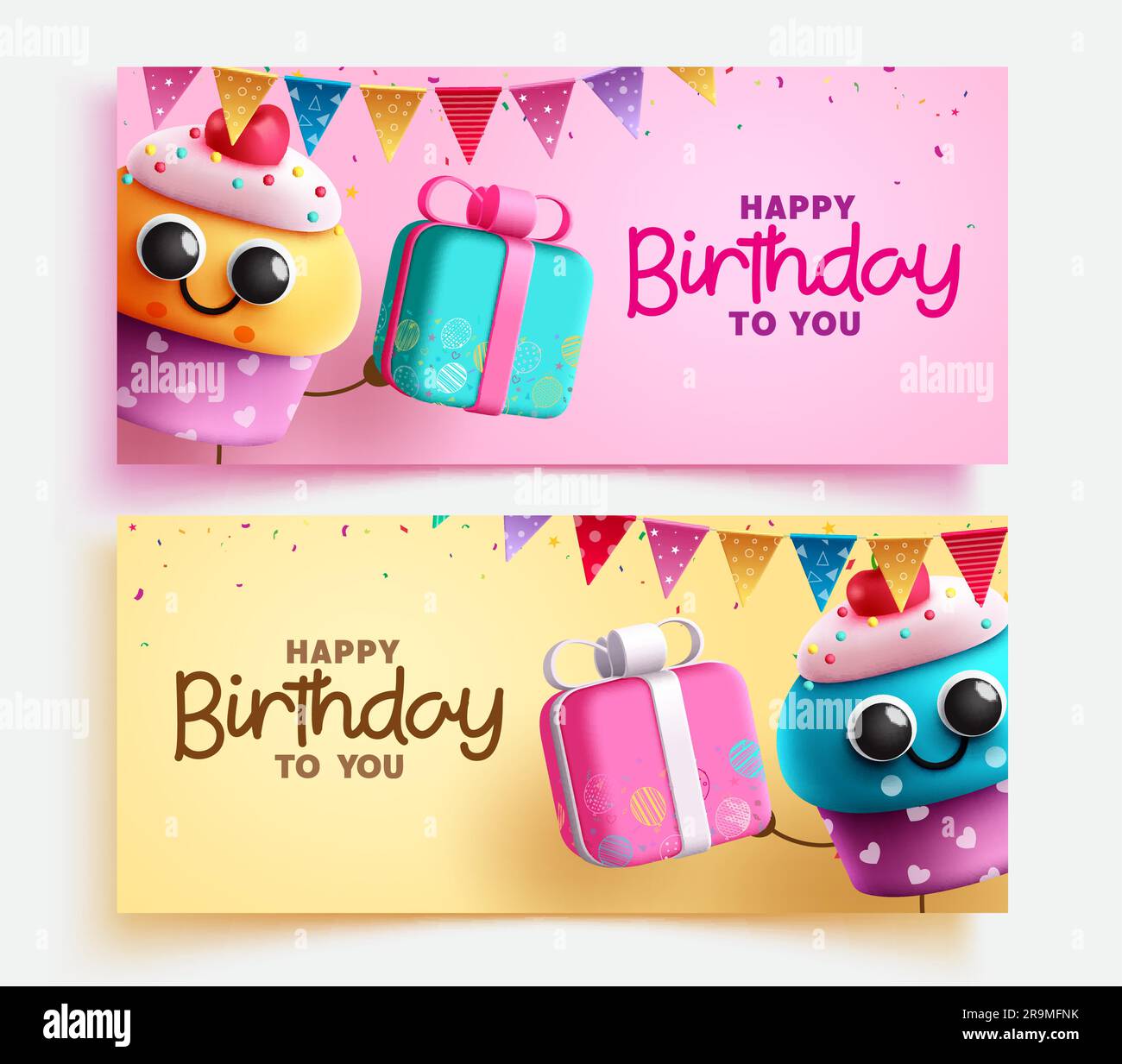Buon compleanno: Design del banner con set vettoriale di testo. Biglietto d'invito per il compleanno con torta colorata, confezione regalo e decorazioni per i pennant. Illustrazione vettoriale Illustrazione Vettoriale