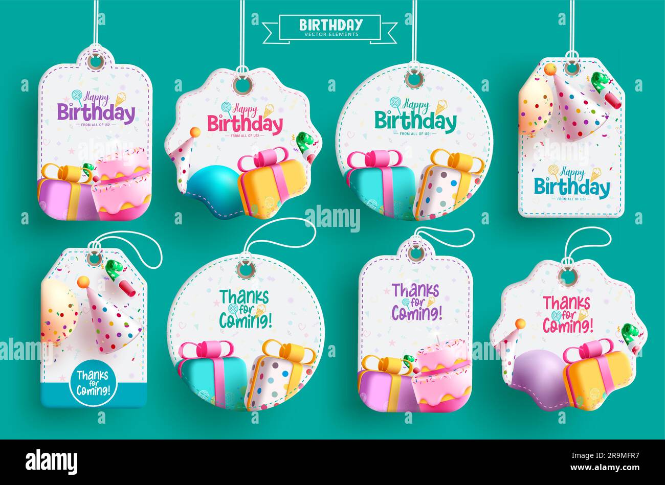 Design del set vettoriale degli elementi di compleanno. Testo di auguri di buon compleanno in cartellini colorati e tag per la celebrazione degli eventi natalizi. Regali con illustrazioni vettoriali Illustrazione Vettoriale